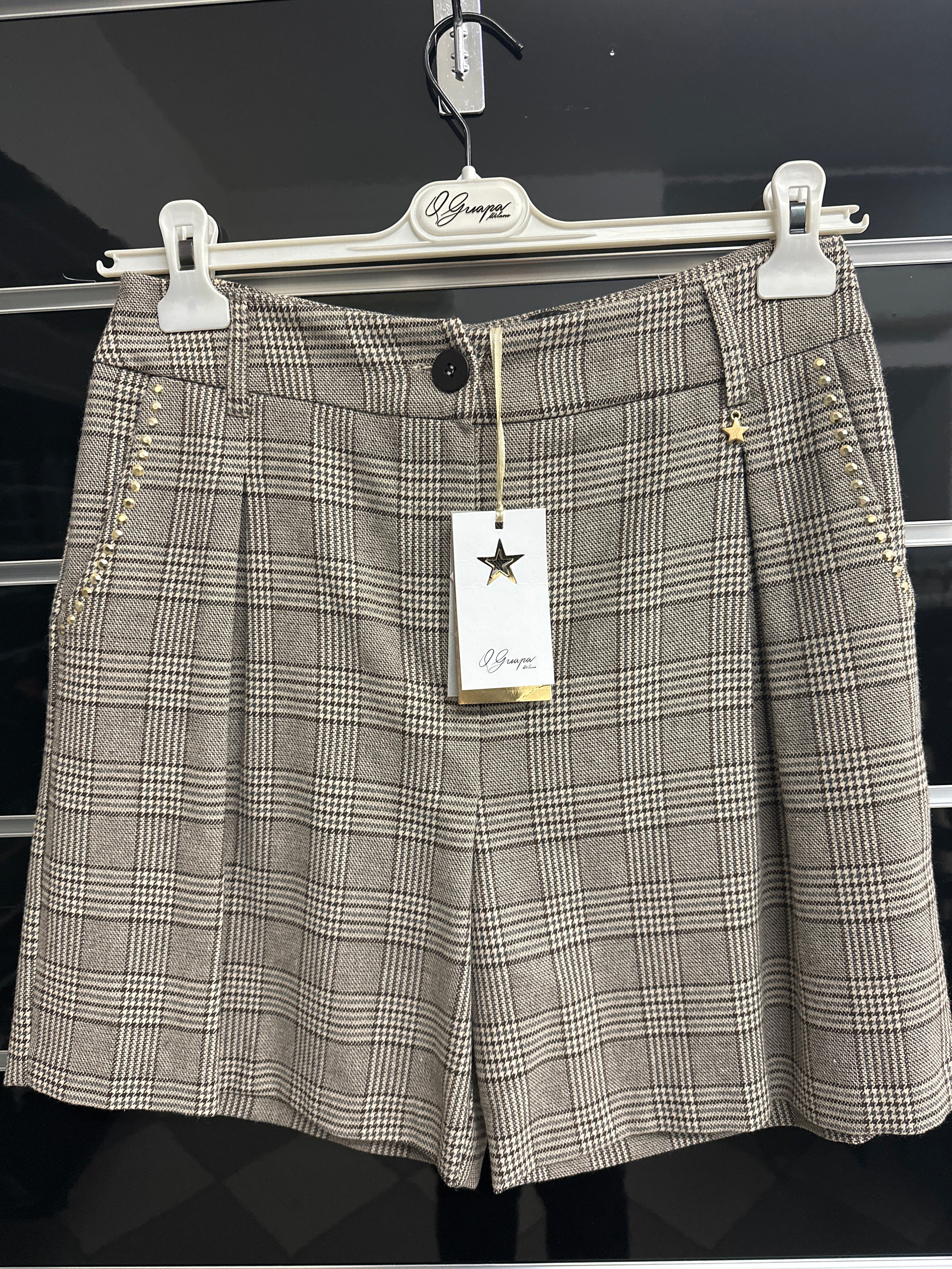 Pantaloncino Corto Quadretti Grigio Marrone Borchiette Tg 44 Qguaoa Nuovo Con Etichetta