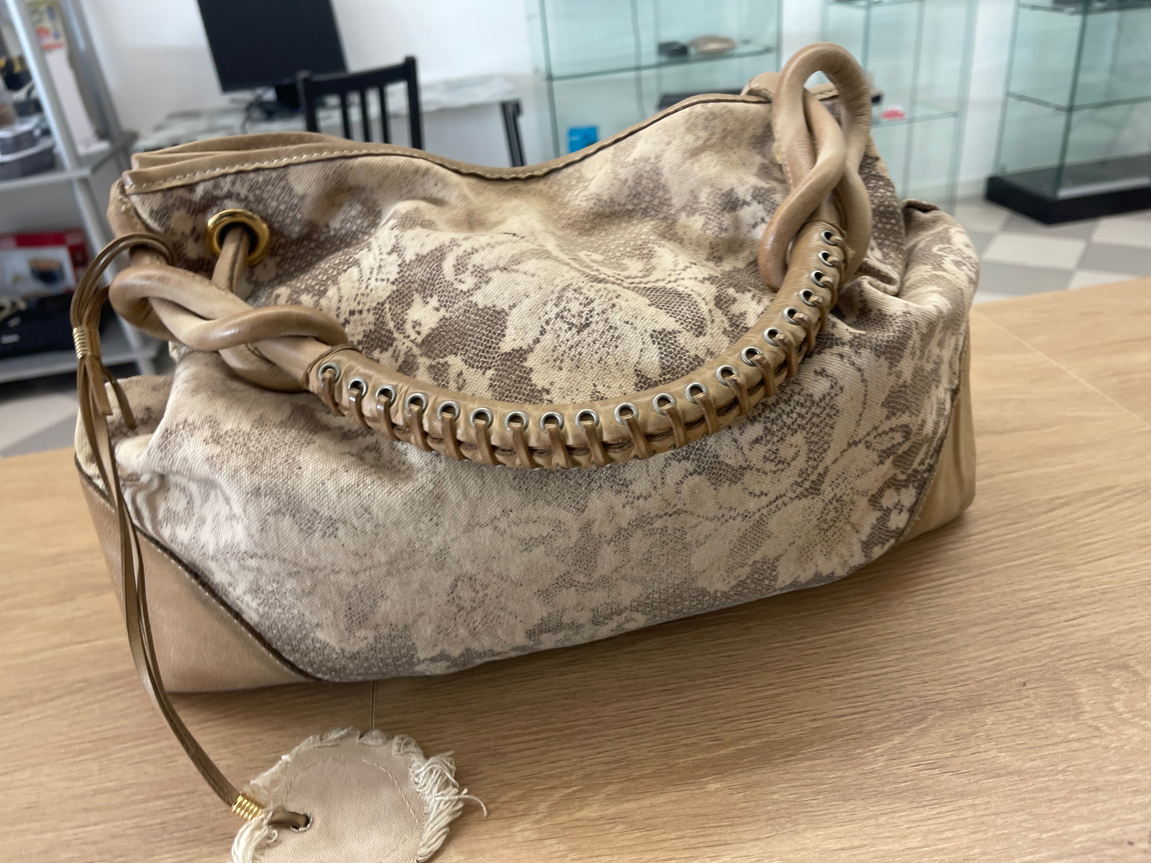 Borsa Fantasia Floreale Beige Tessuto E Pelle Nalù