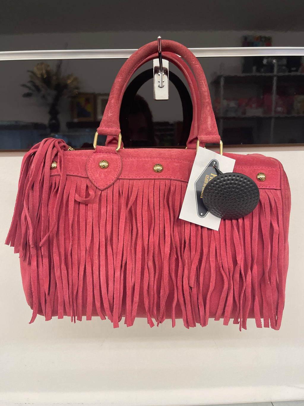 Borsa Pelle Rosa Antico Camoscio Secret Pom-pon Frange