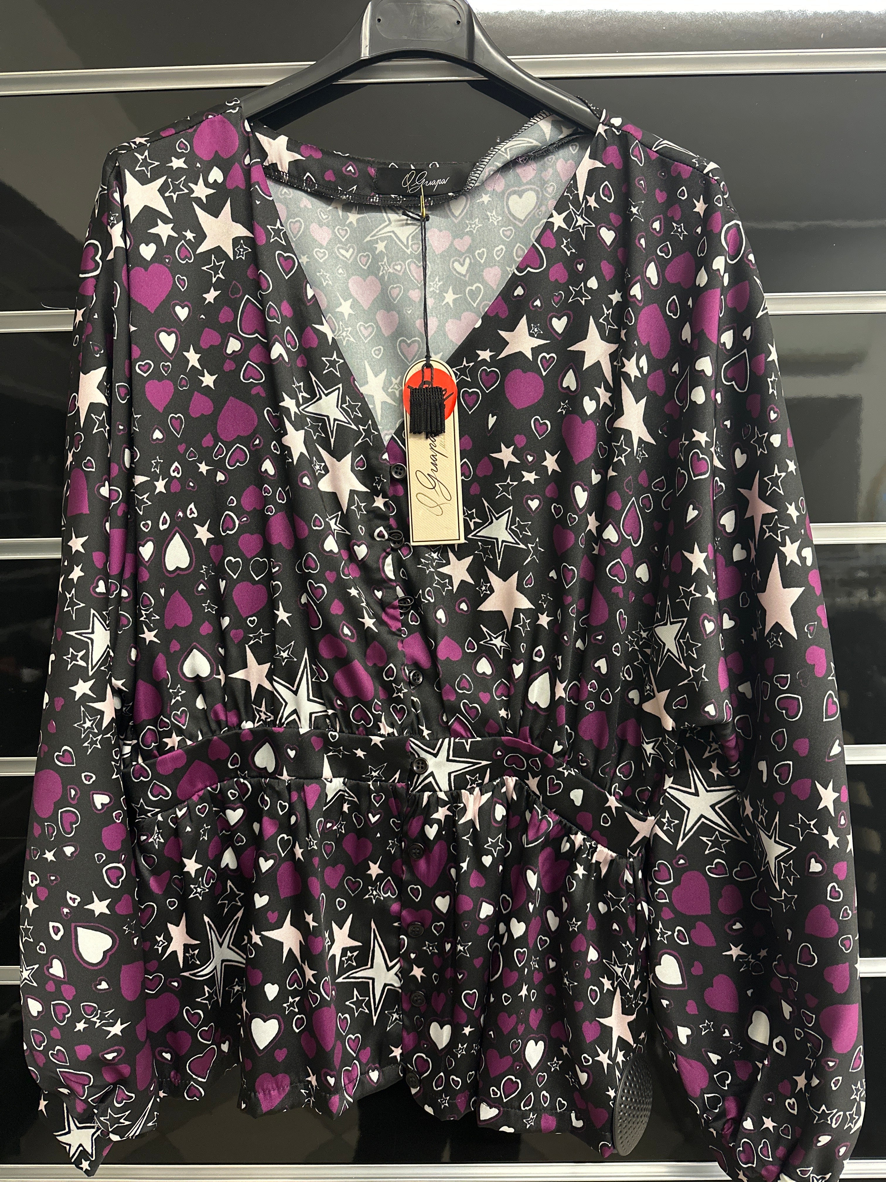 Camicetta Bottoncini Nera Fantasia Cuoricini Stelline Tg L Q Guapa Nuovo Con Etichetta