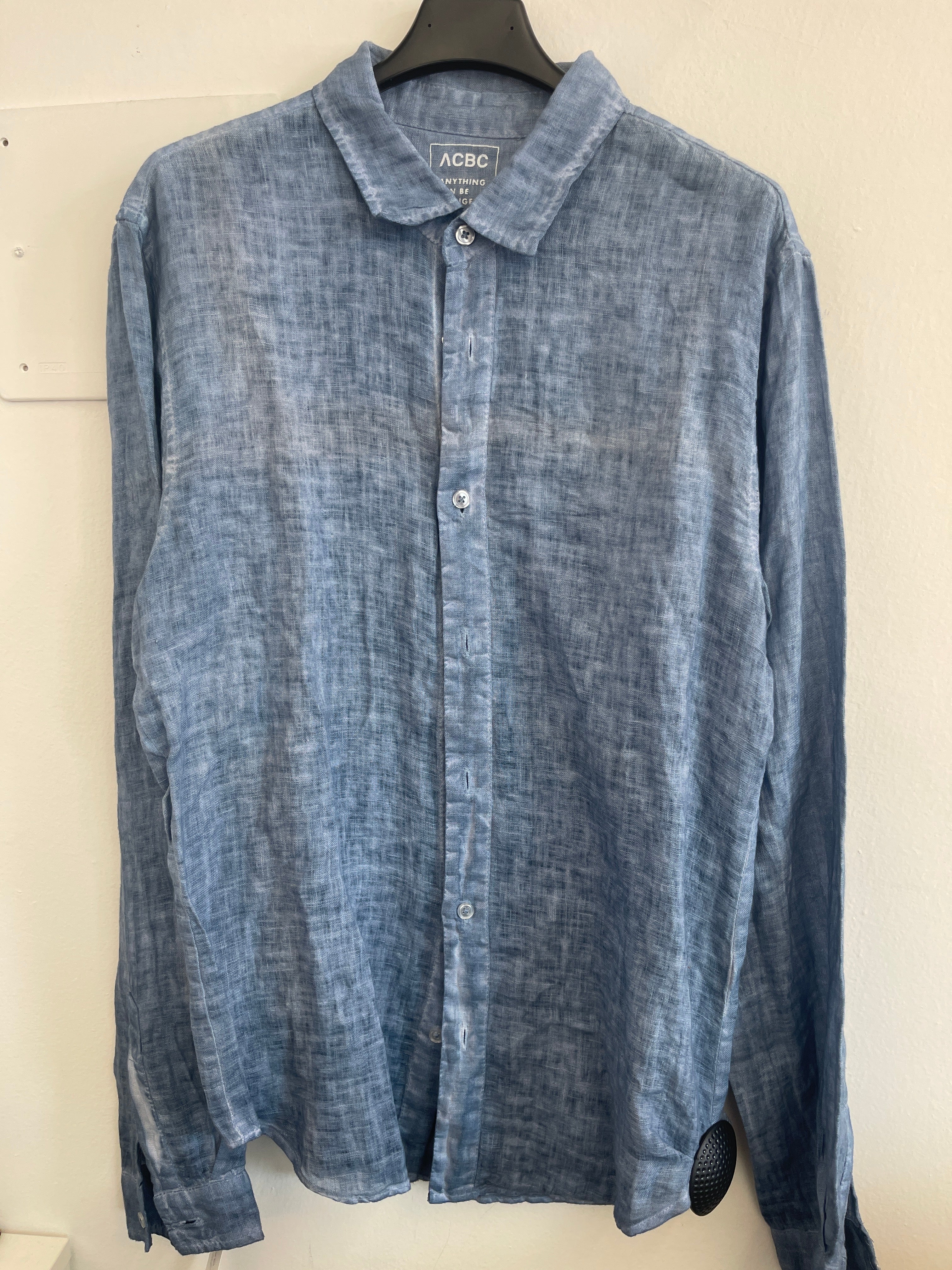 Camicia Uomo Lino Acbc  Azz/marrone Tg M/l