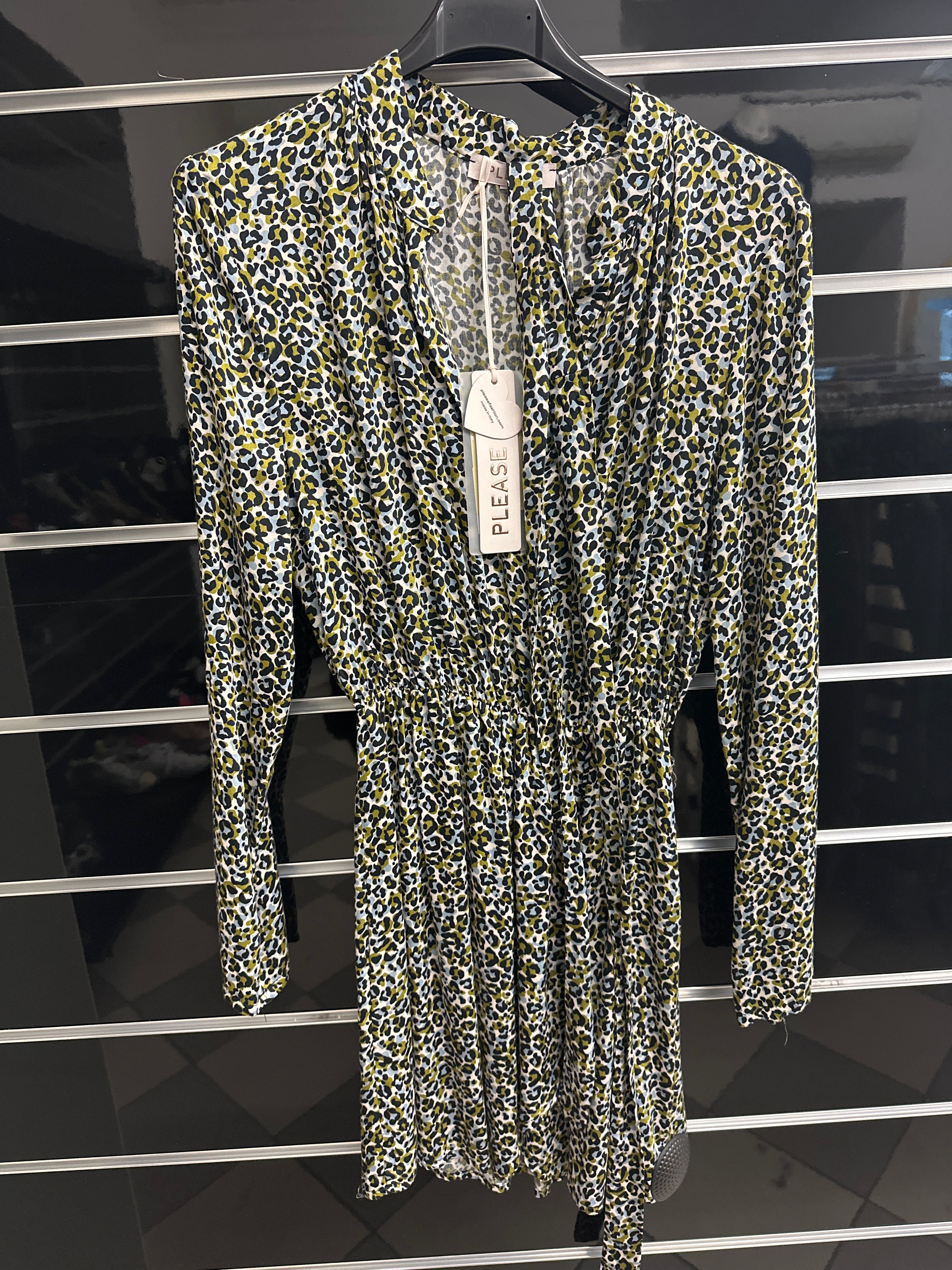 Abito Fantasia Leopardato Verde Azzurro Con Cinturina  Tg M Please Nuovo Con Etichetta