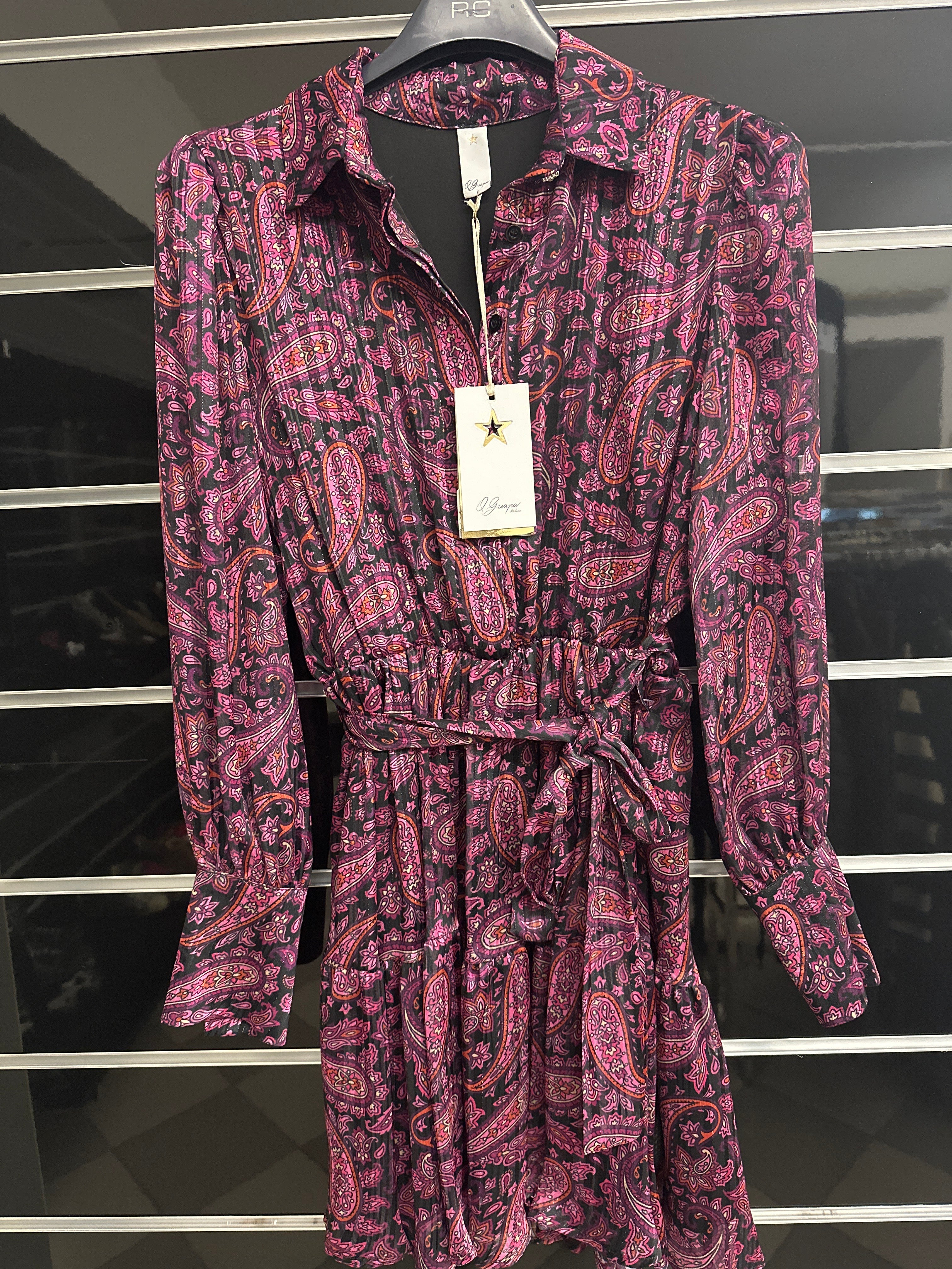 Abito Nero Fantasia Etnica Floreale Rosa Filo Brilli Colletto Tg Xs Q Guapa Nuovo Con Etichetta