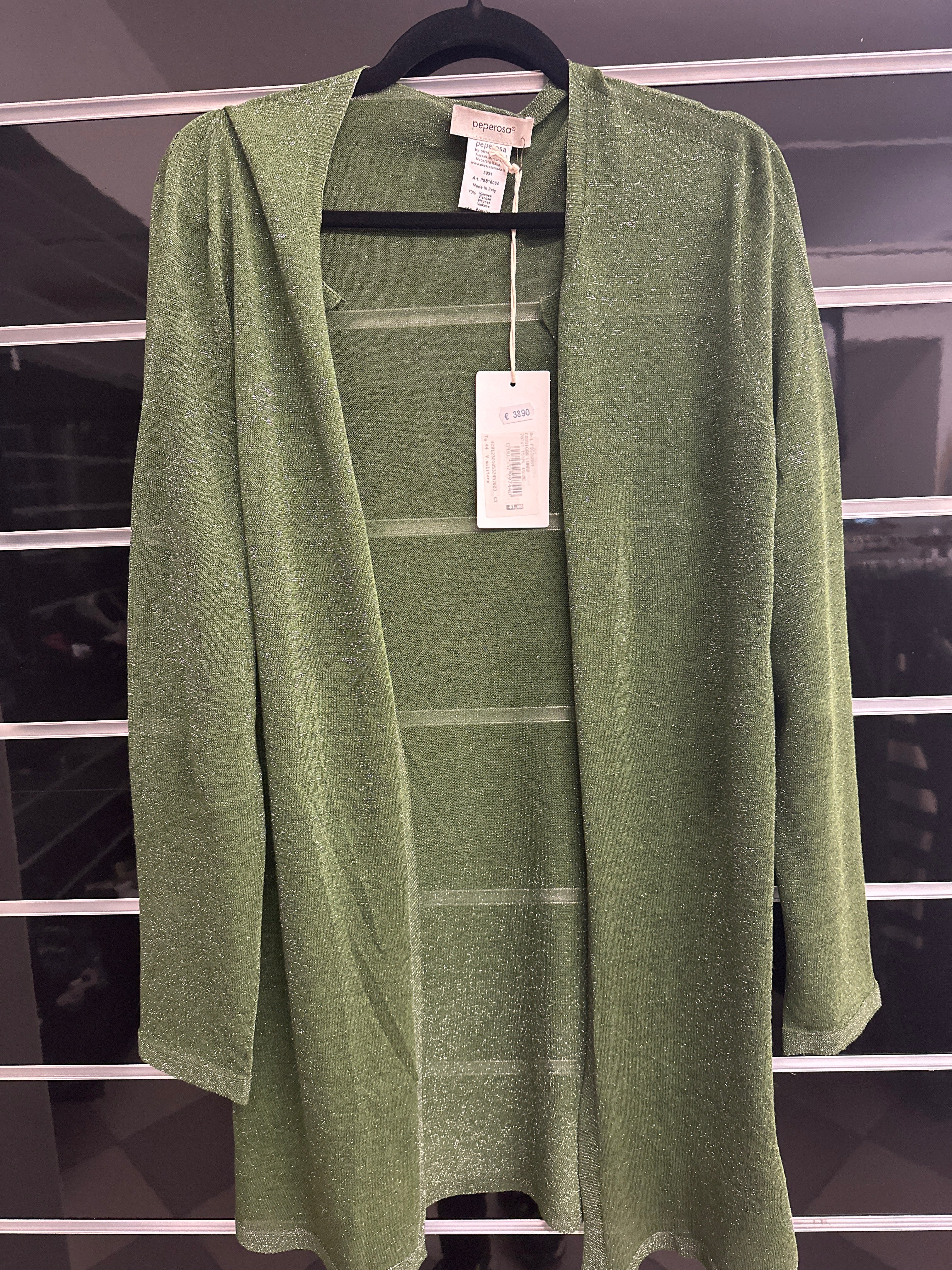 Cardigan Aoerto Verde Filo Brilli Velato Tg 44 Peprosa Nuovo Con Etichetta