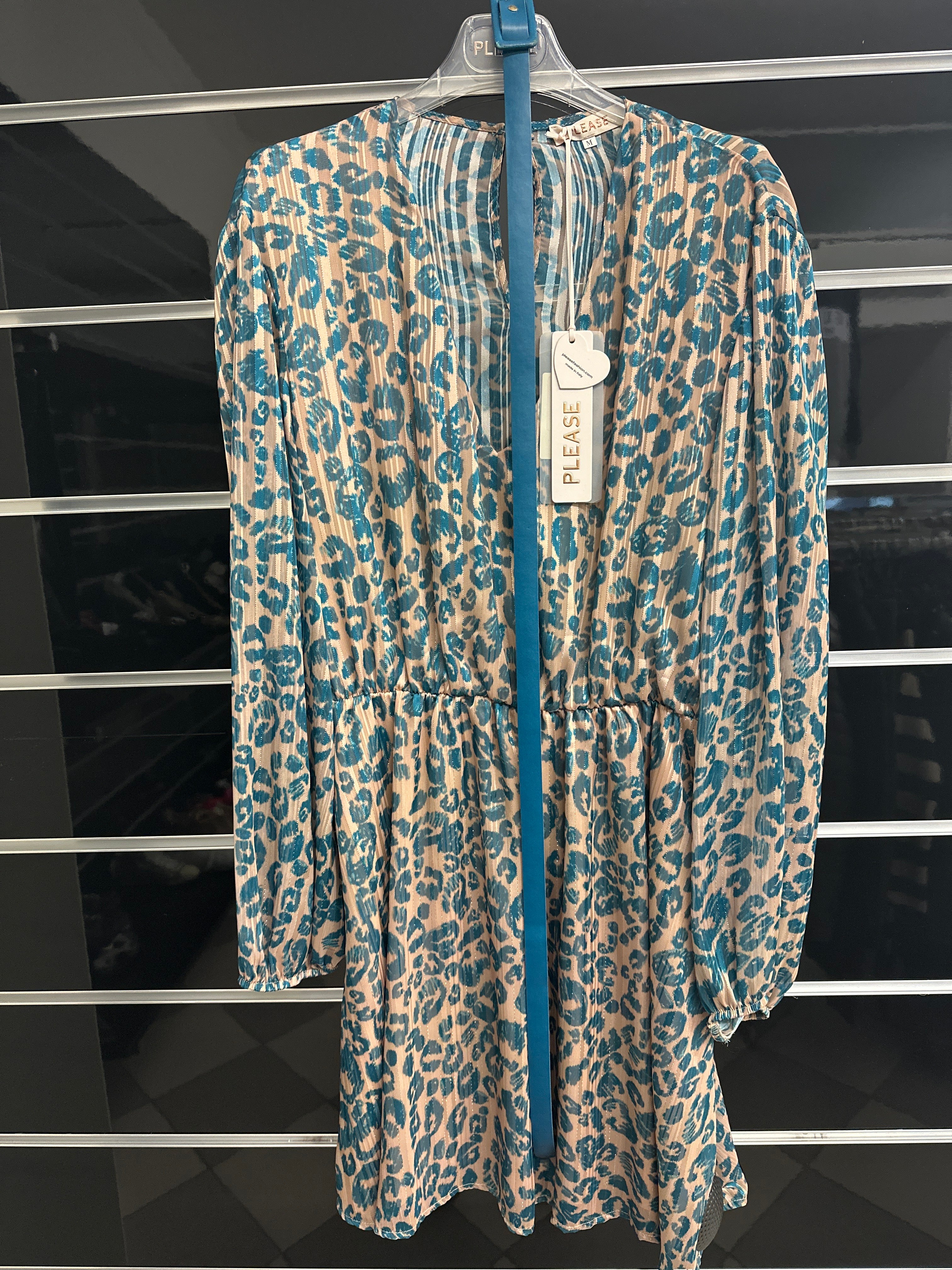 Abitoi Beige Fantasia Leopardata Azzurra Filo Brilli Con Citurina Tg M Please Nuovo Con Etichetta
