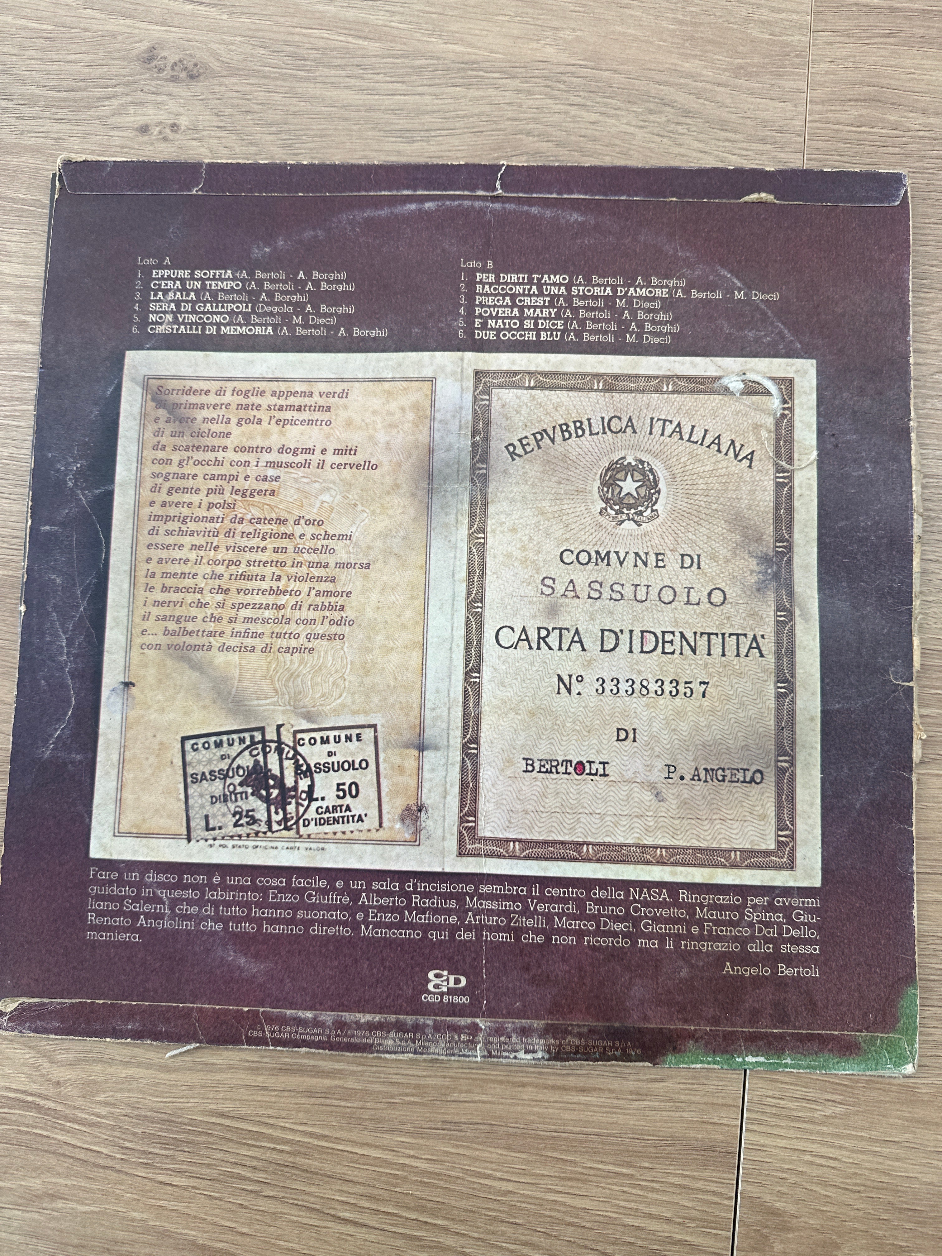 Disco Lp 33 Giri Vinile P.angelo Bertoli * –eppure Soffia