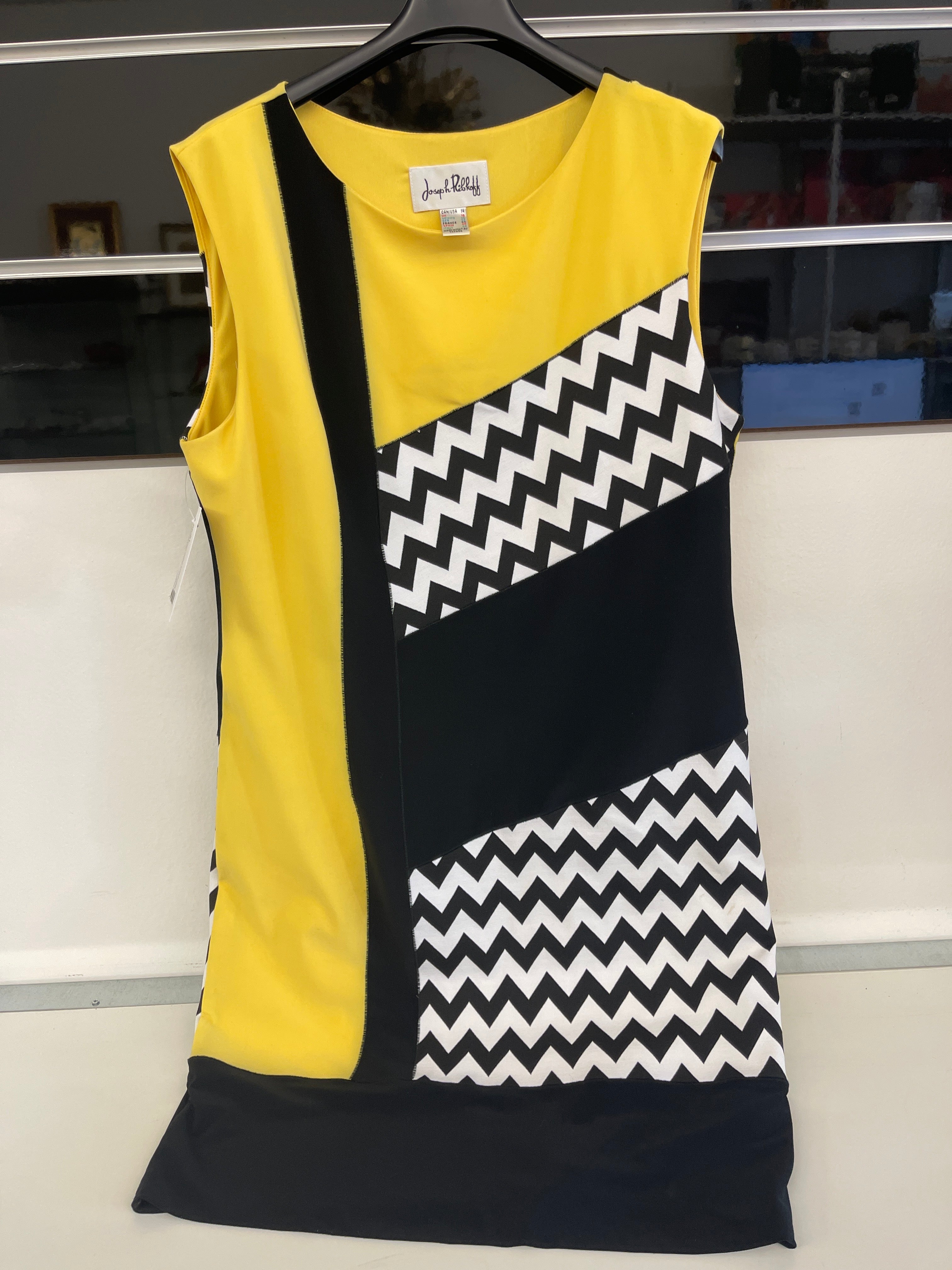 Abito Giallo Smanicato Fantasia Nero Bianco Joseph Ribkoff Tg 48