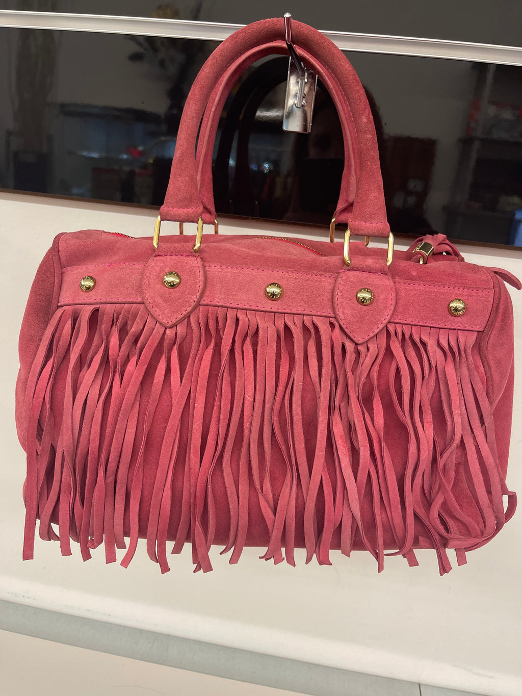 Borsa Pelle Rosa Antico Camoscio Secret Pom-pon Frange