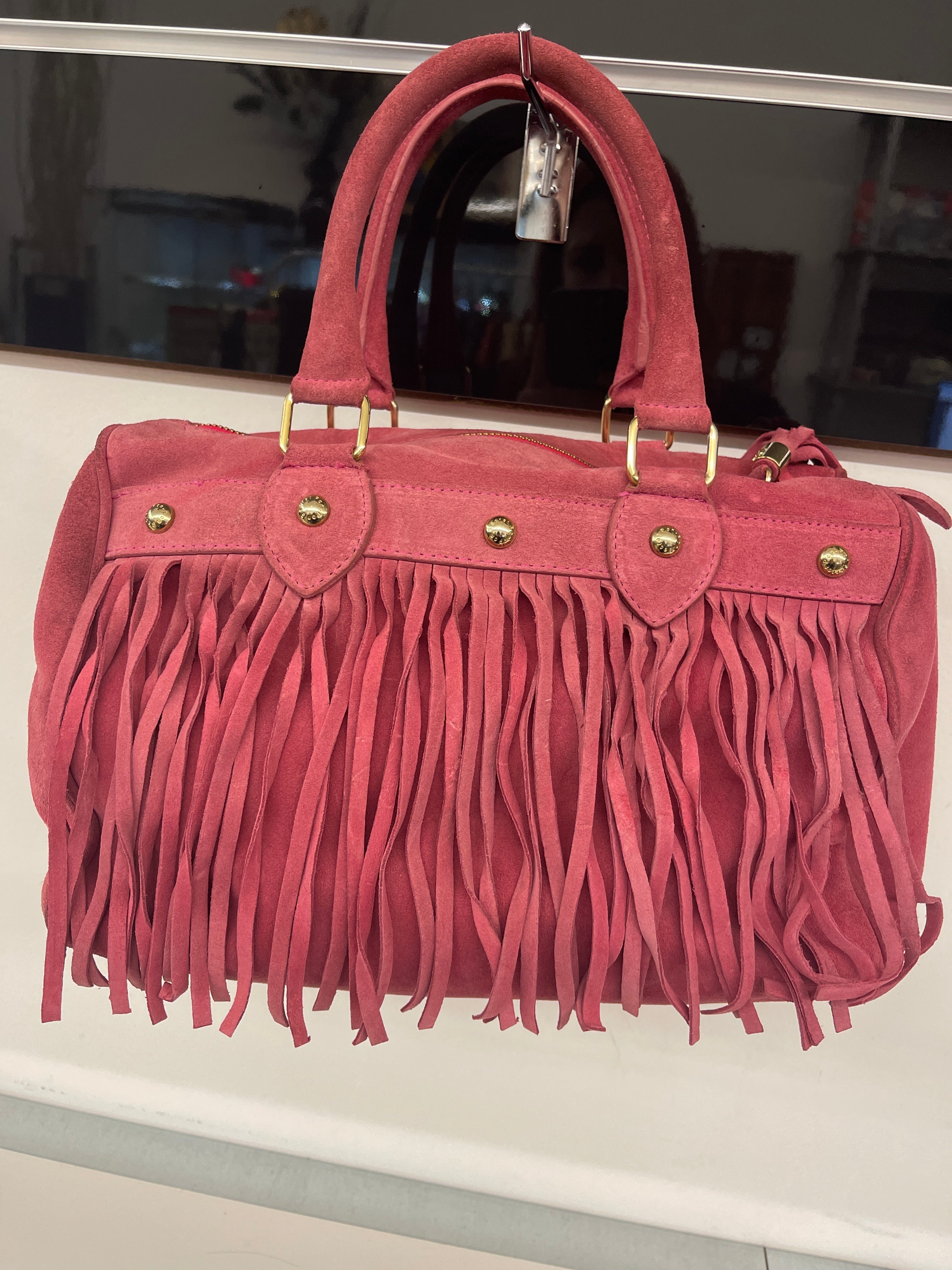 Borsa Pelle Rosa Antico Camoscio Secret Pom-pon Frange