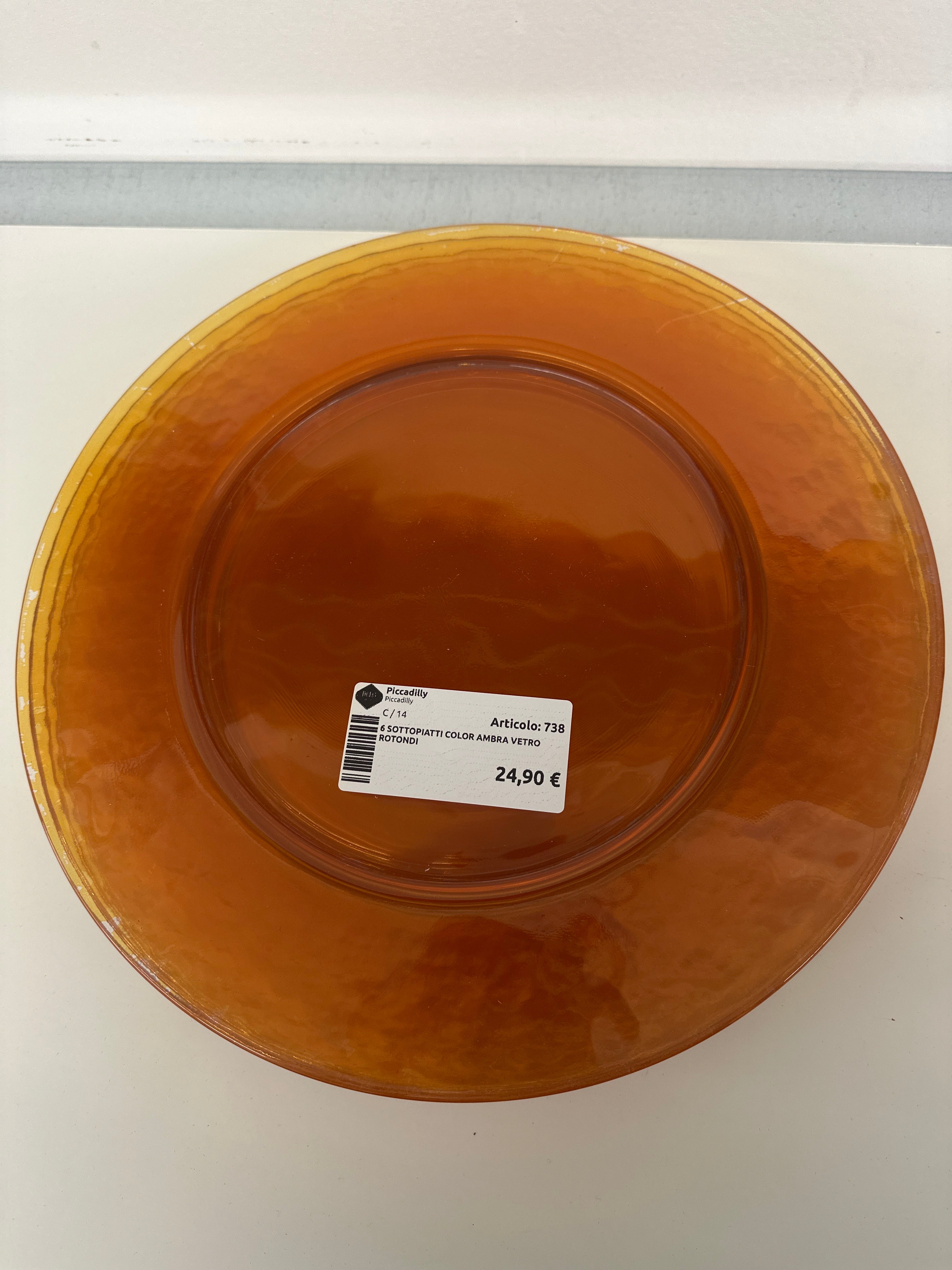 6 Sottopiatti Color Ambra Vetro Rotondi