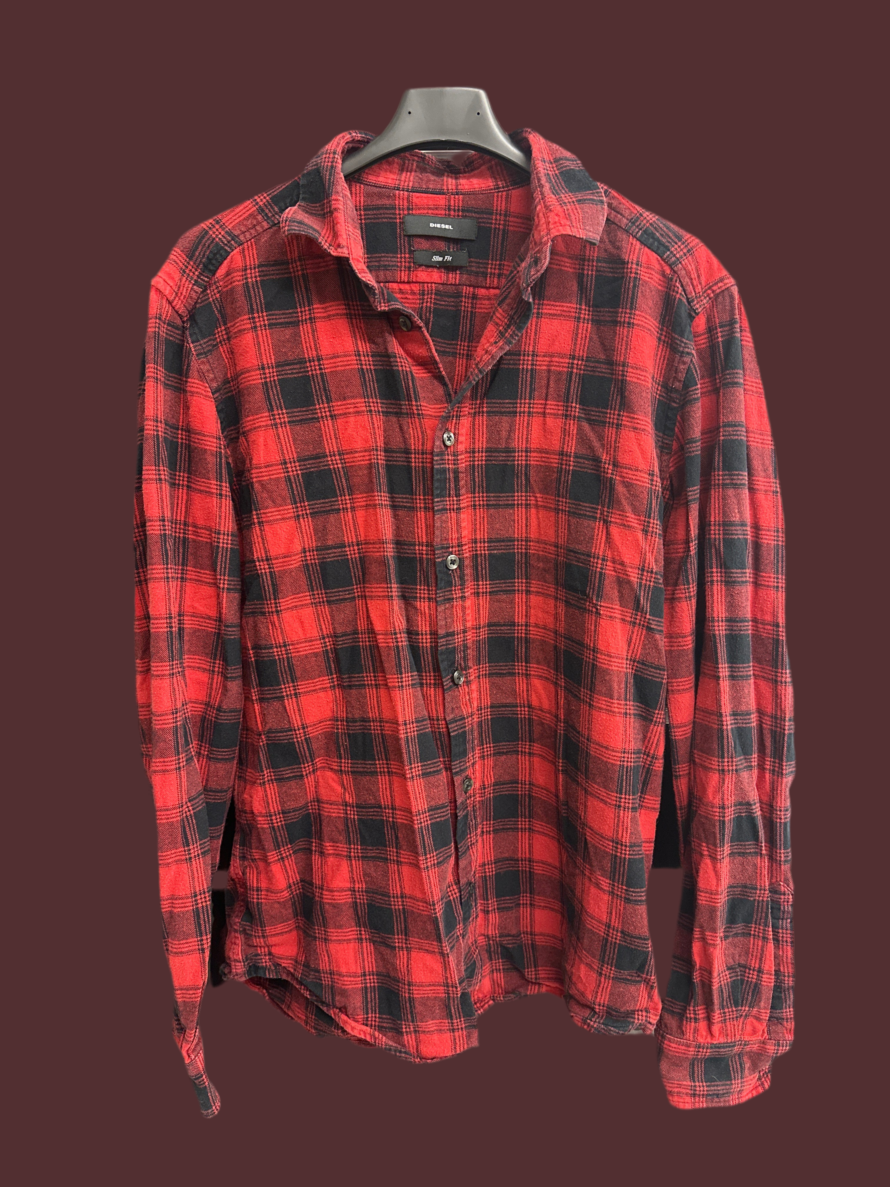 Camicia Uomo Quadretti Rosso Nero Diesel Tg L 100% Cotone