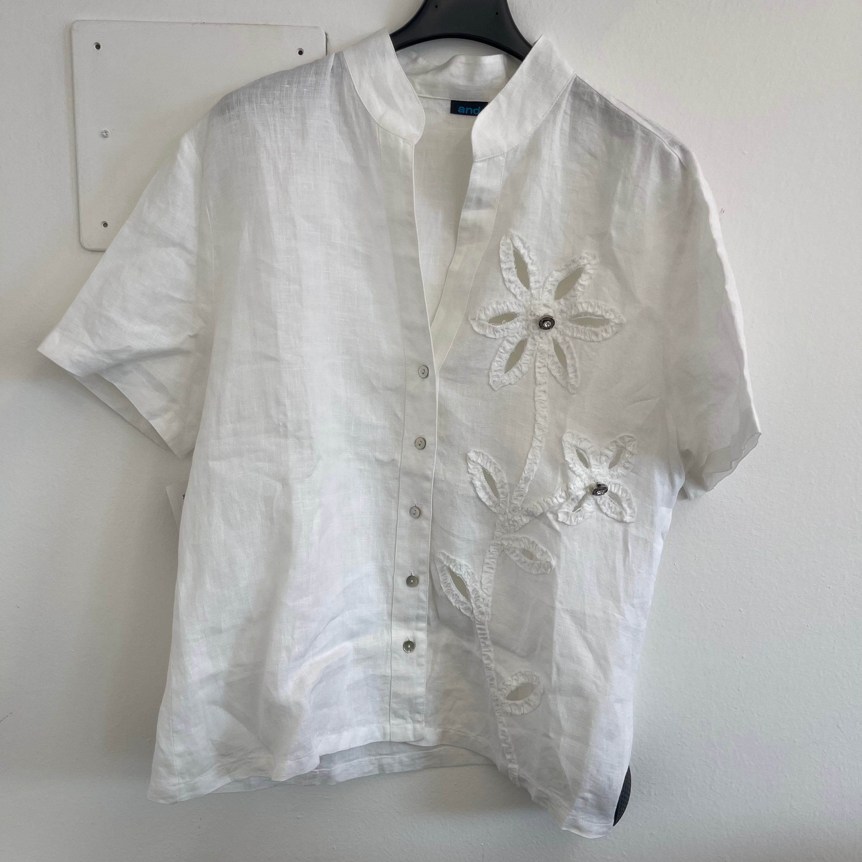 Camicetta Bianca Ricamo And Misto Lino Tg M/l