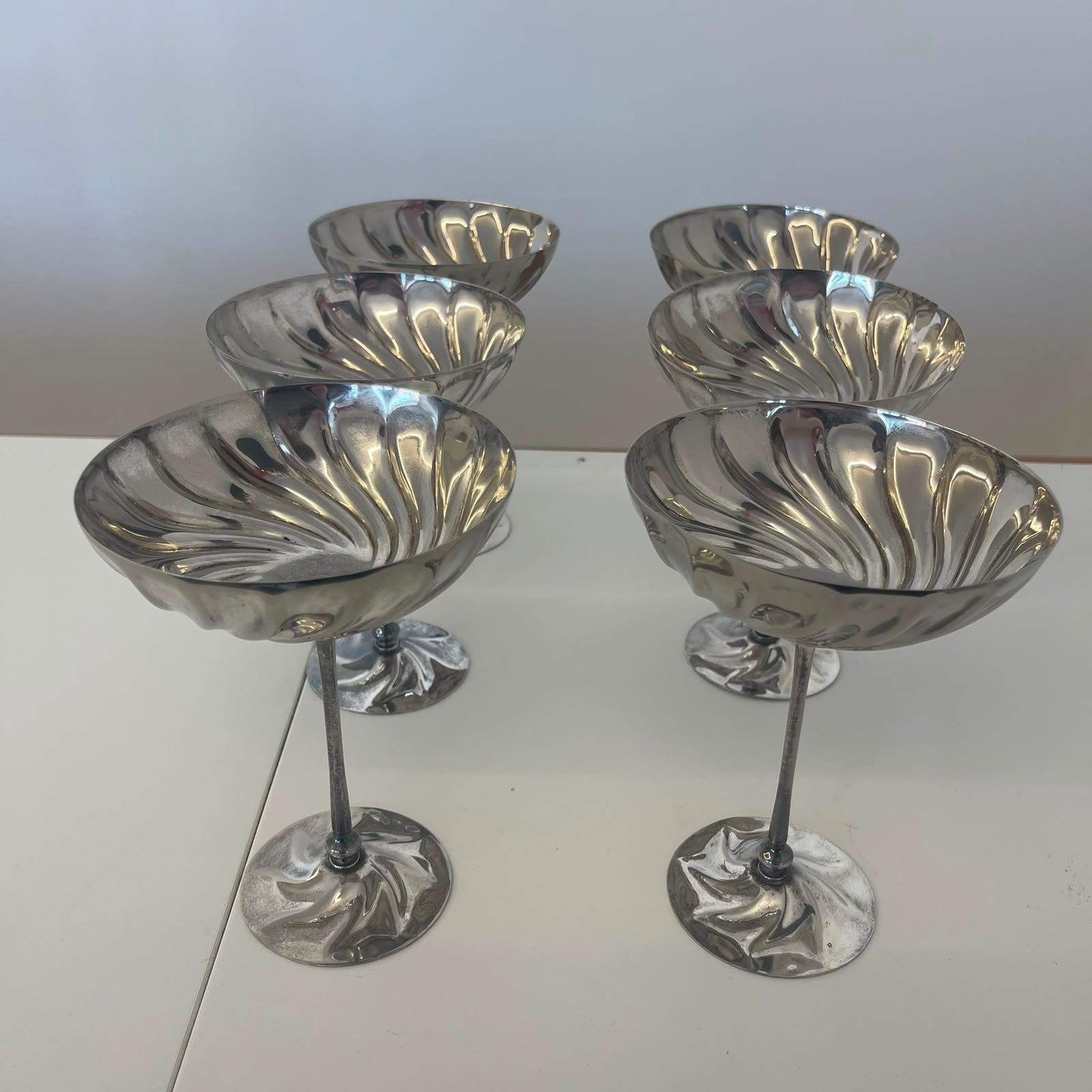 6 Coppe Champagne Battute A Mano Silver Plate Bellotto