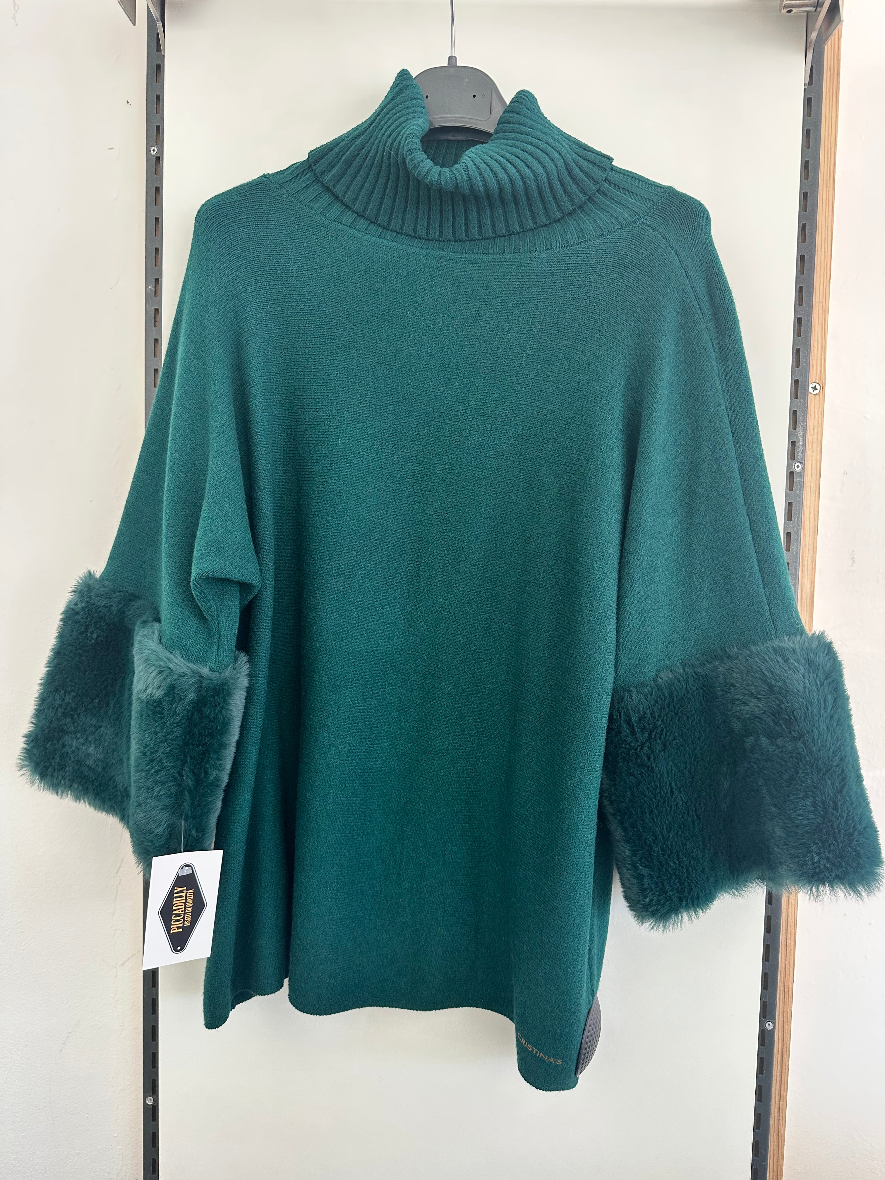 Maglione Verdone Collo Alto Manicotti Ecopelo Cristina's Tg Unica
