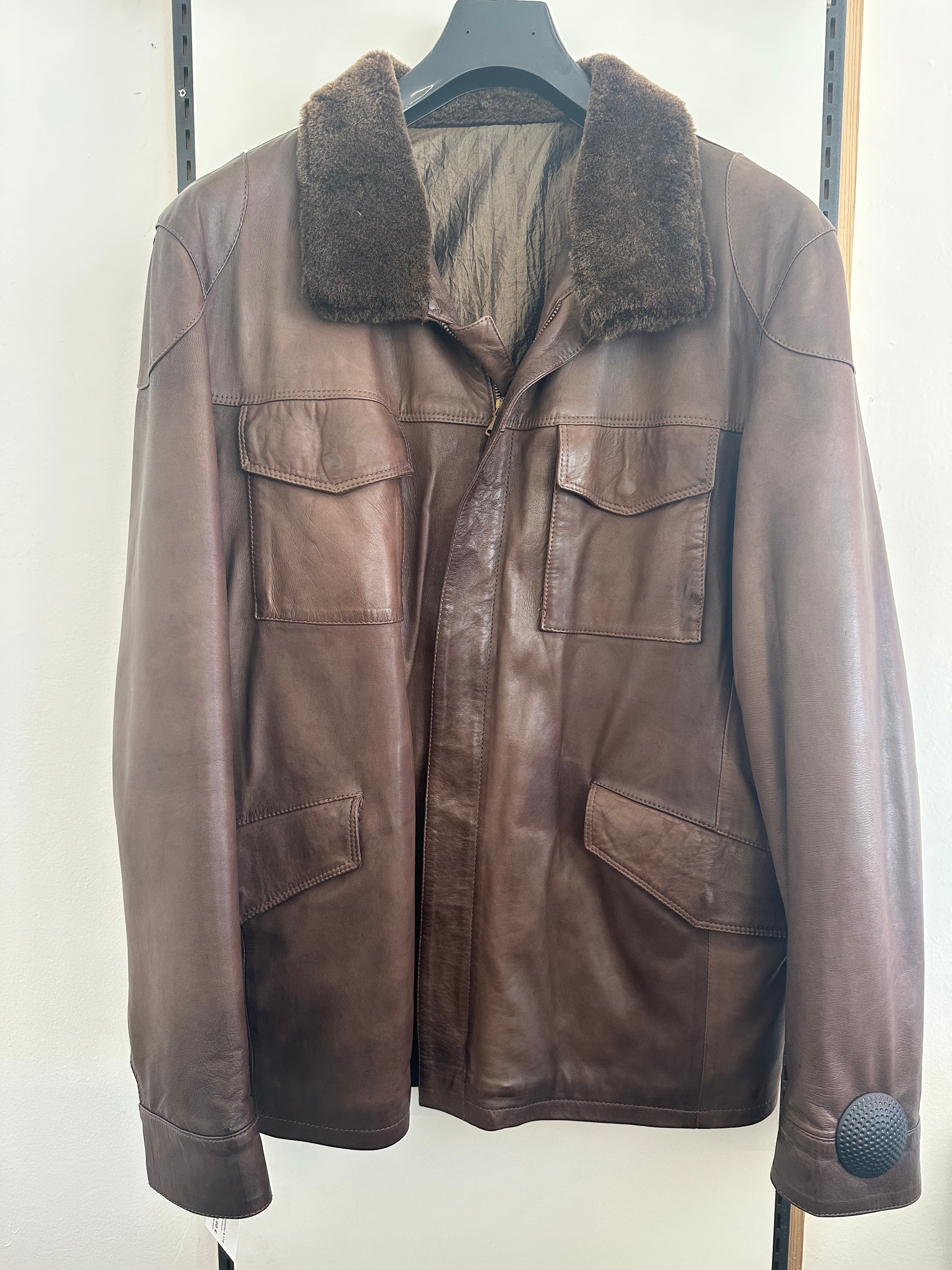 Giubbotto Pelle Marrone Collo Ecopelo Tg 58